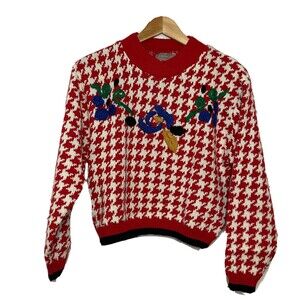 Vintage 80's 90's Jordache Red White Heringbone Knit Sweater Embellished Womens